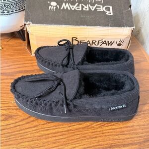 BEARPAW SUEDE FURRY MOCCASIN CORDUROY SLIPPERS BLACK SIZE 9
